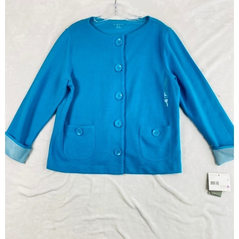 2/$30 NWT Liz Claiborne Cardigan Sweater Sz L Blue Ribbed Classic Coastal Travel